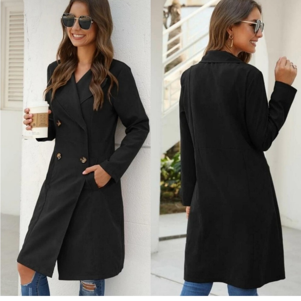 SHEIN Suede Double-Breasted Lightweight Long Coat, Black | S - Picture 2 of 16